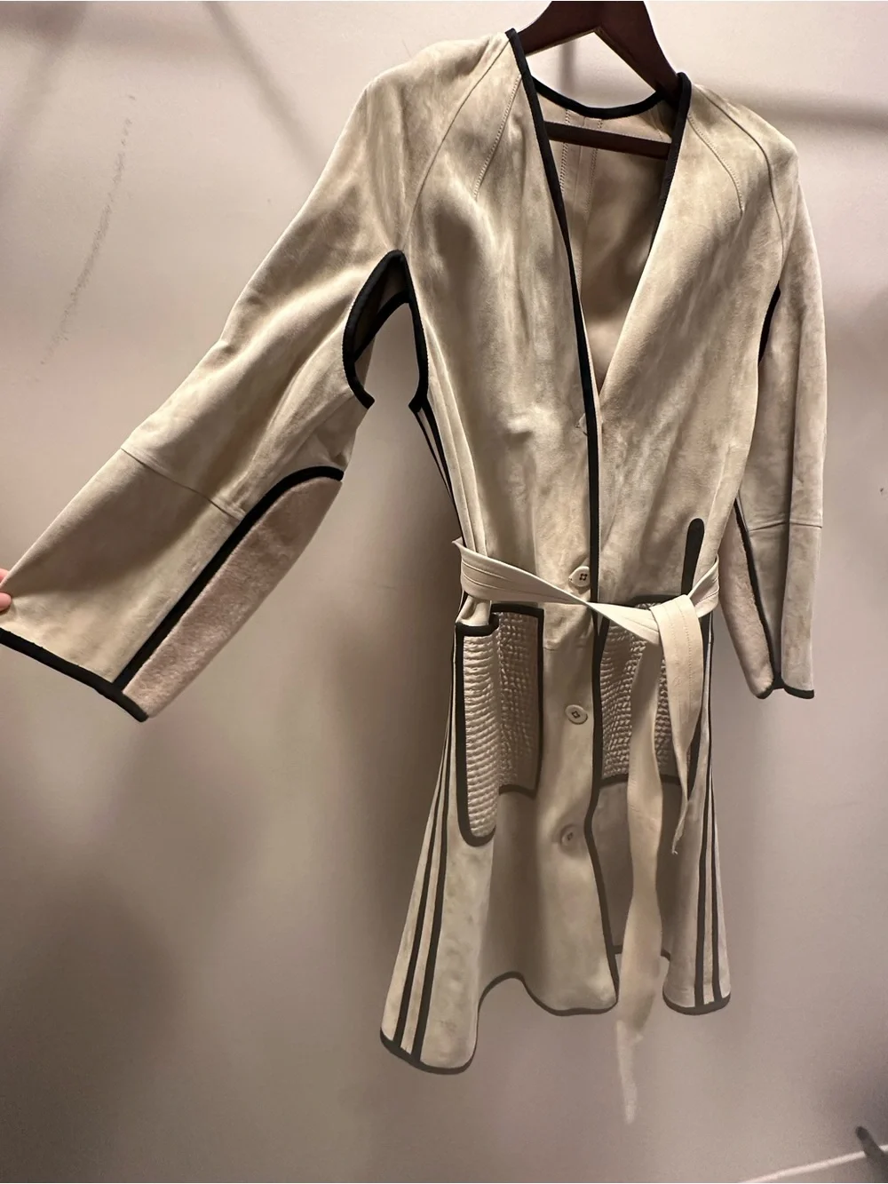 Bottega Veneta Cream Suede Trench Coat with Dark Trim
